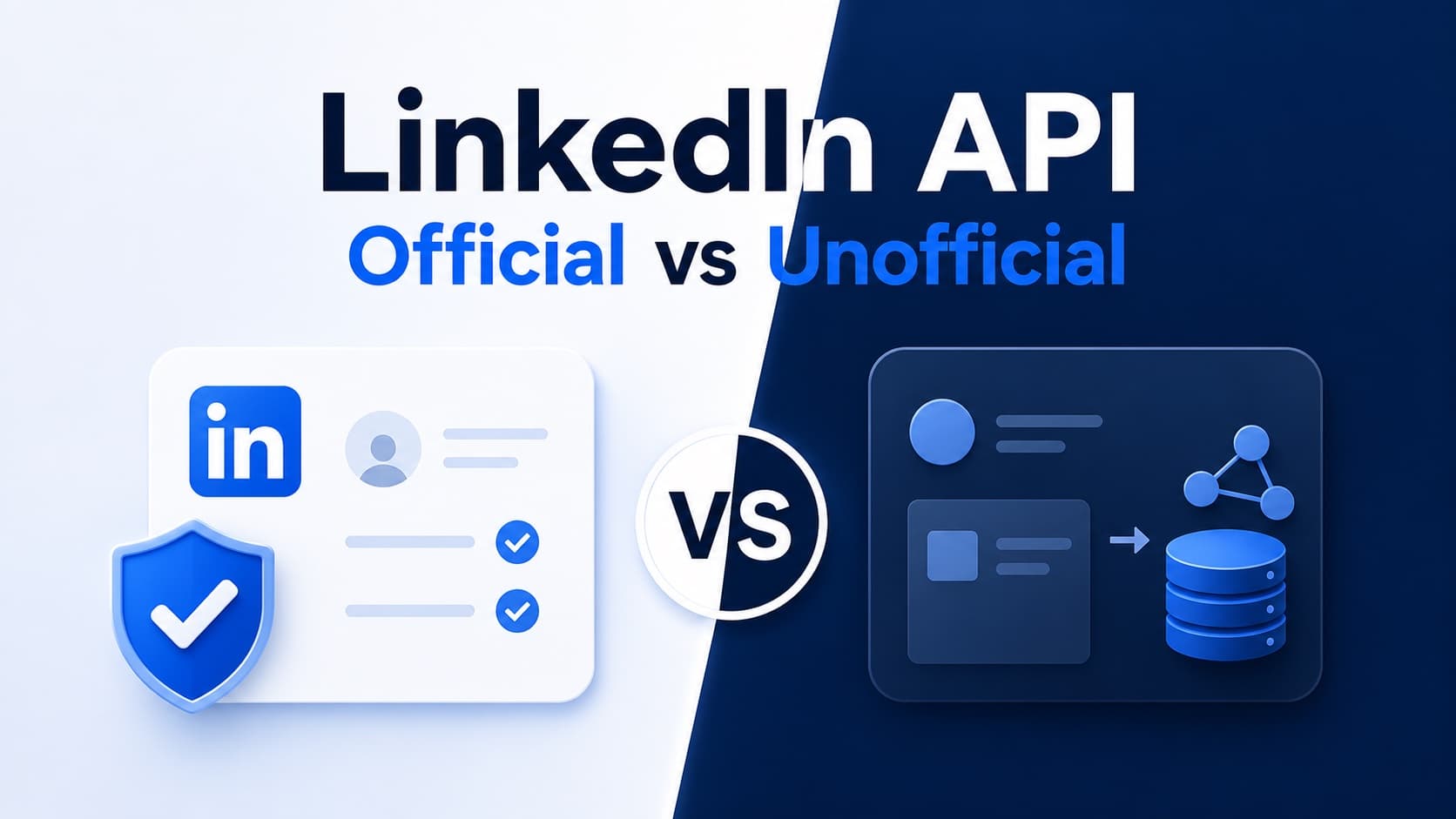 Split comparison: an official LinkedIn API profile card with a verification shield on one side, an unofficial public data API returning structured records to a database on the other.