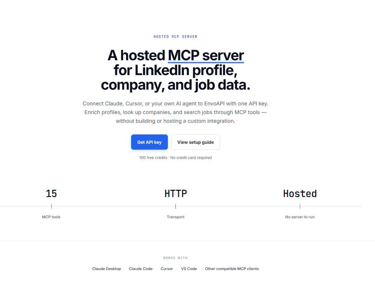 EnvoAPI hosted MCP server with read-only tools for profile, company, search, job, and post data