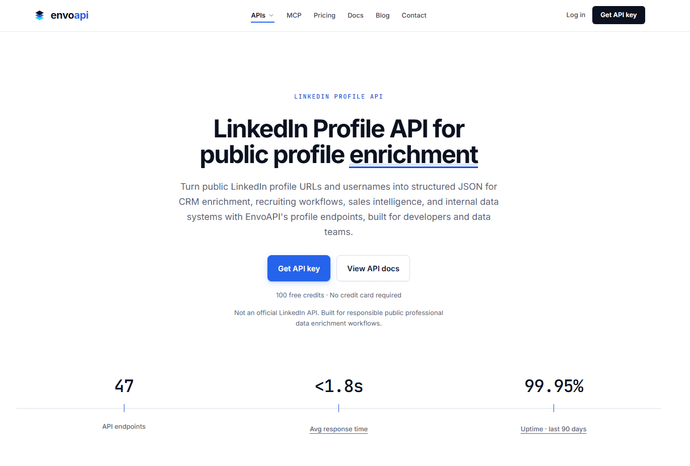 EnvoAPI LinkedIn Profile API showing a public profile URL input and structured JSON response with professional profile data.
