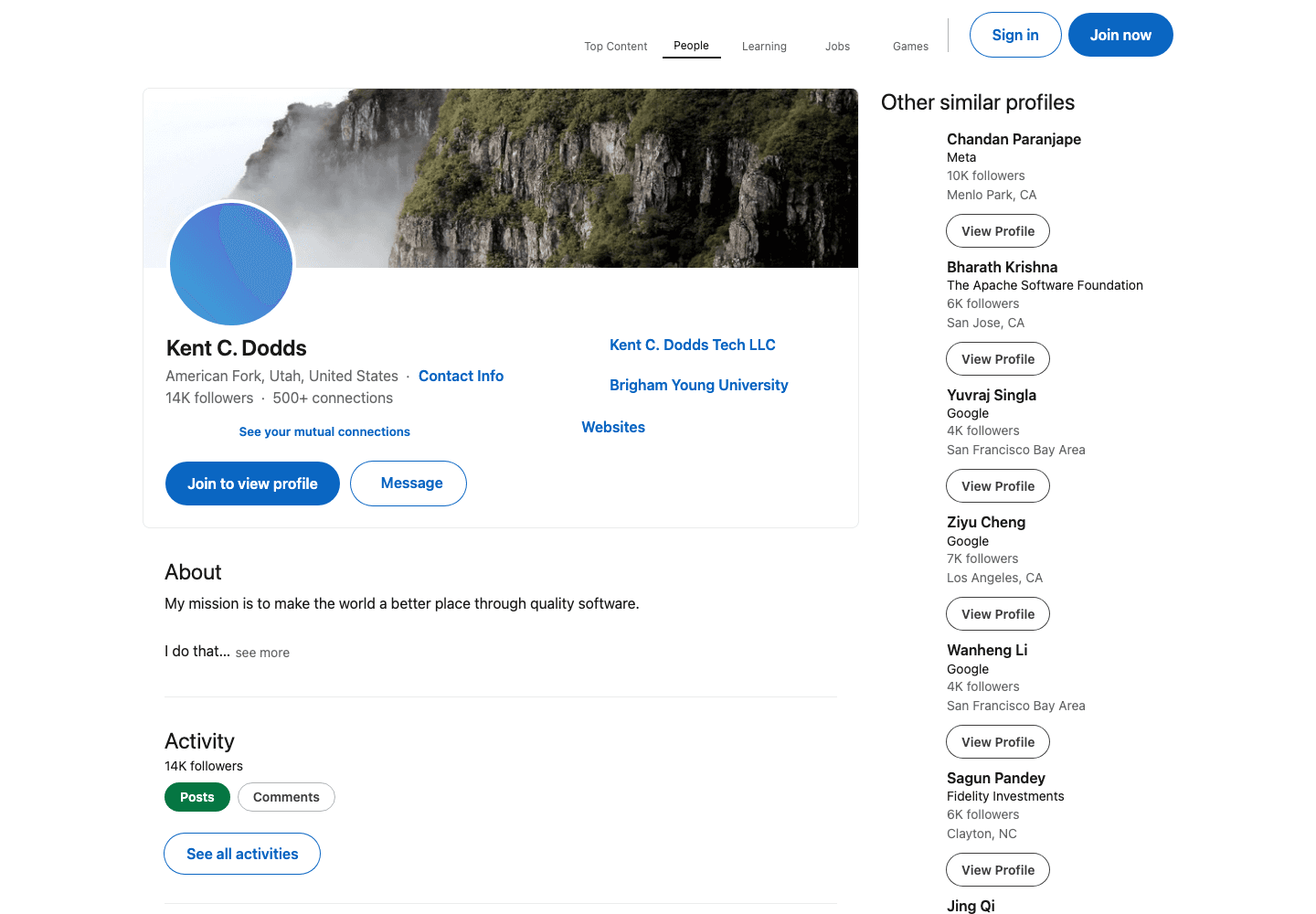 Screenshot of a public LinkedIn profile in a browser