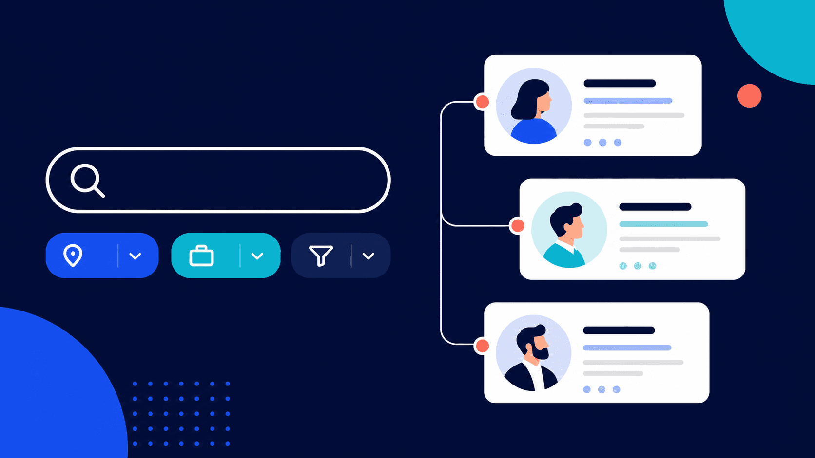 Professional search API interface with filters and profile result cards.