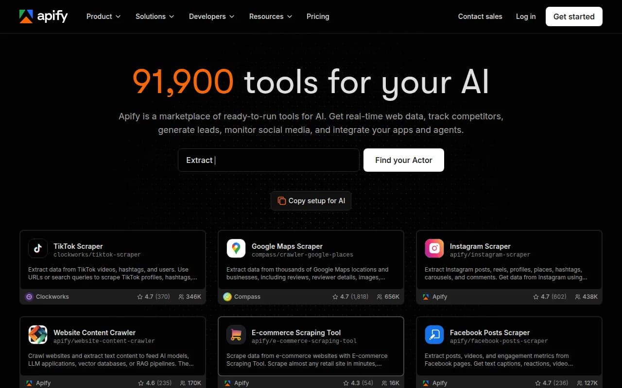 Apify homepage: a marketplace of ready-to-run tools for AI, with a search box to find an Actor