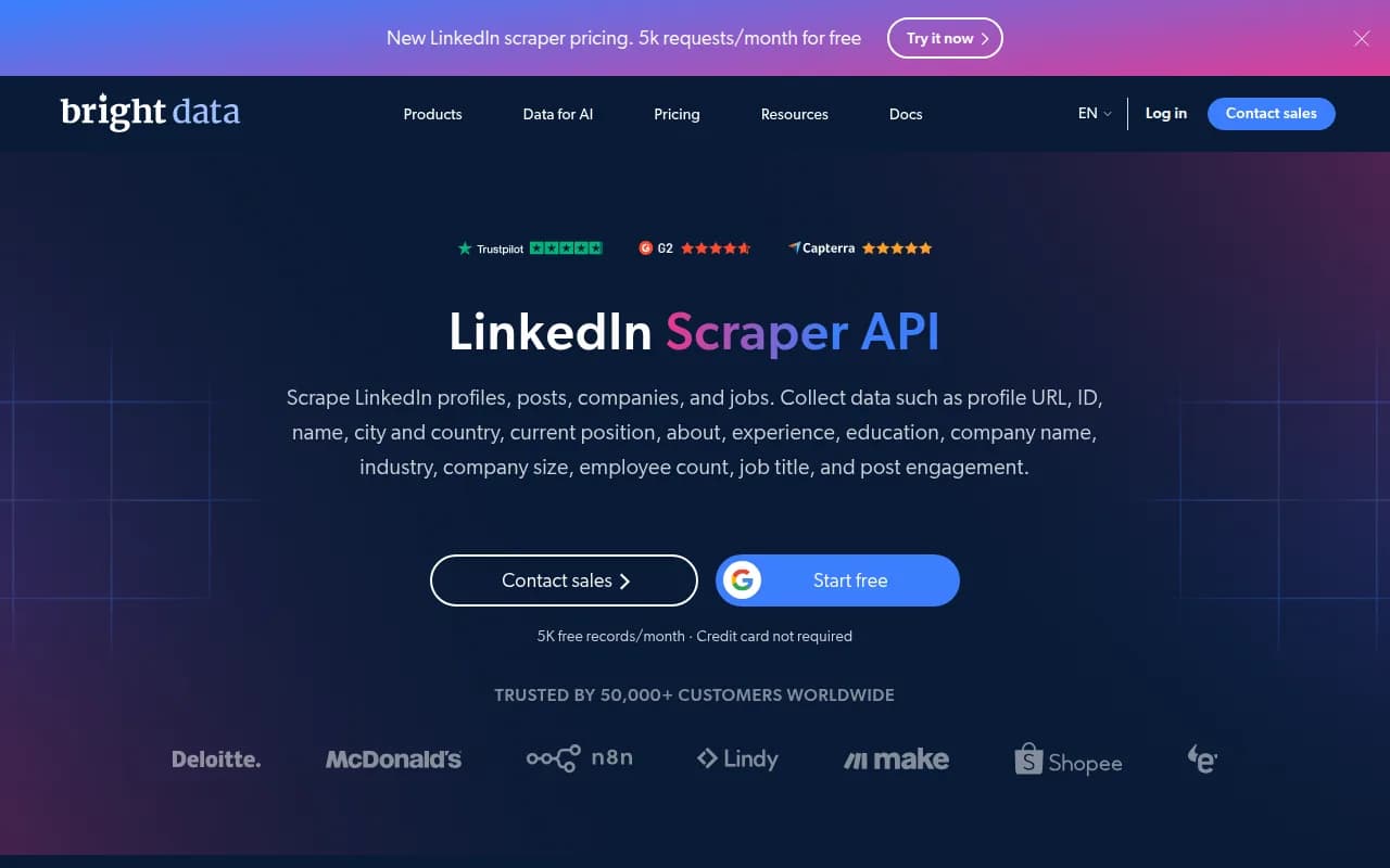 Bright Data LinkedIn Scraper API page for collecting LinkedIn profiles, posts, companies and jobs