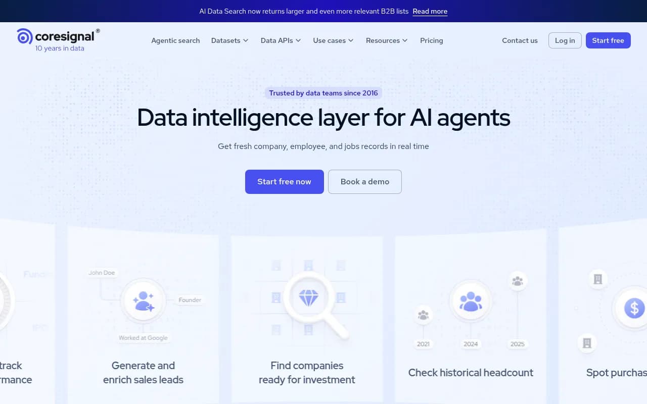 Coresignal homepage: a data intelligence layer for AI agents with company, employee and jobs records