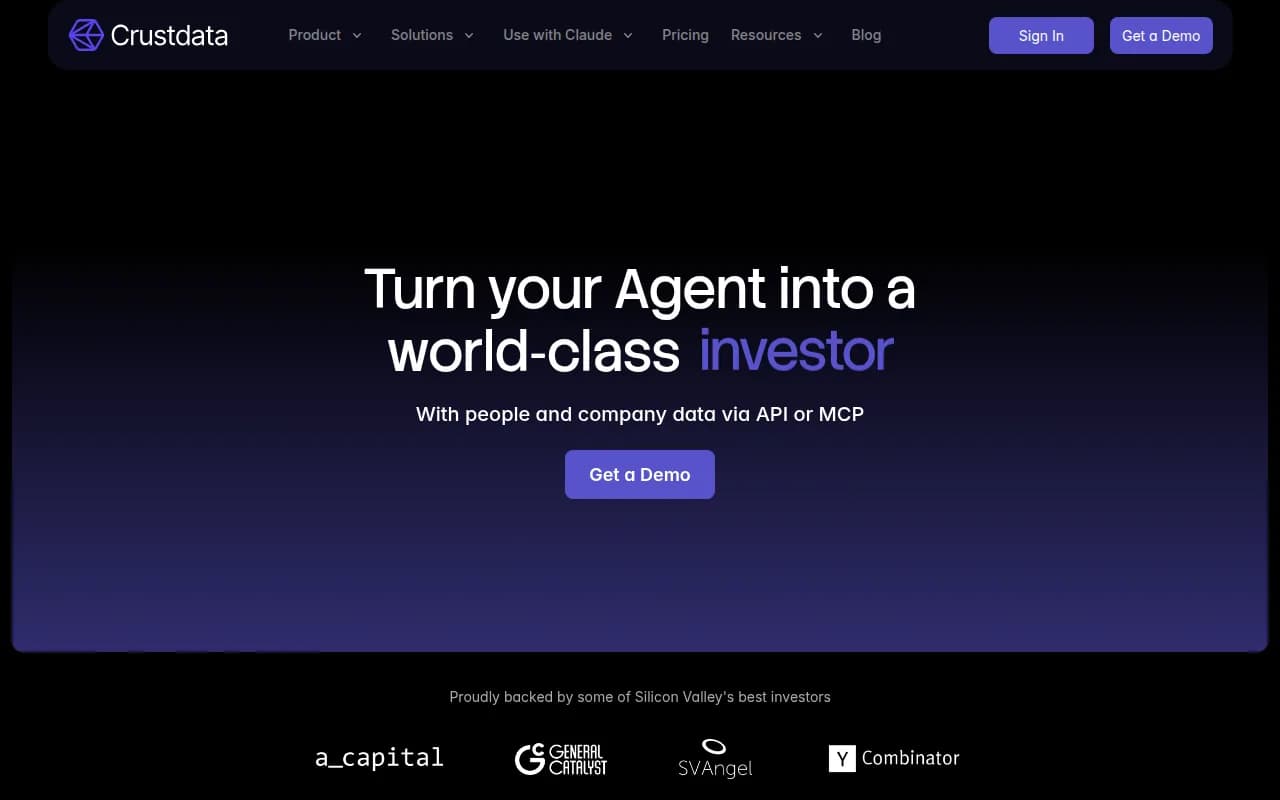 Crustdata homepage offering people and company data to AI agents through an API or MCP server