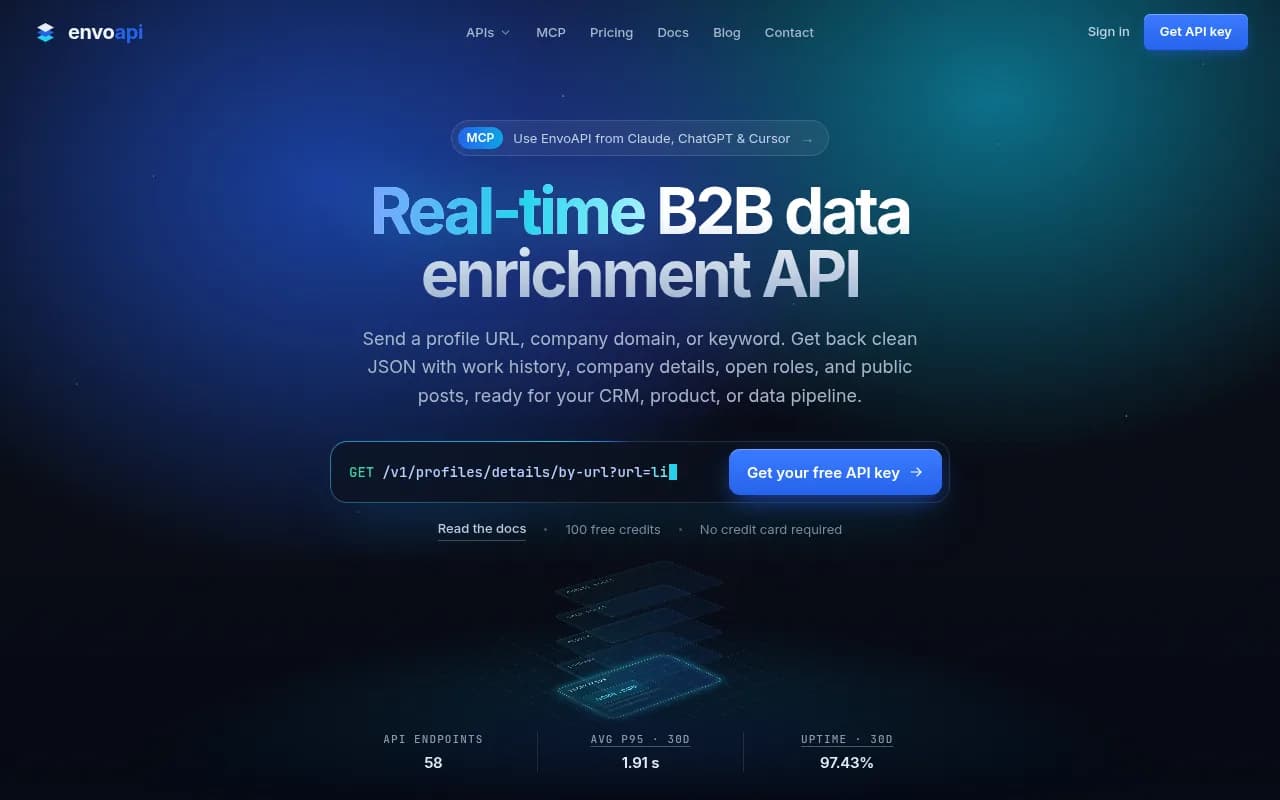EnvoAPI homepage: a real-time B2B data enrichment API that turns a profile URL into JSON, a Proxycurl alternative