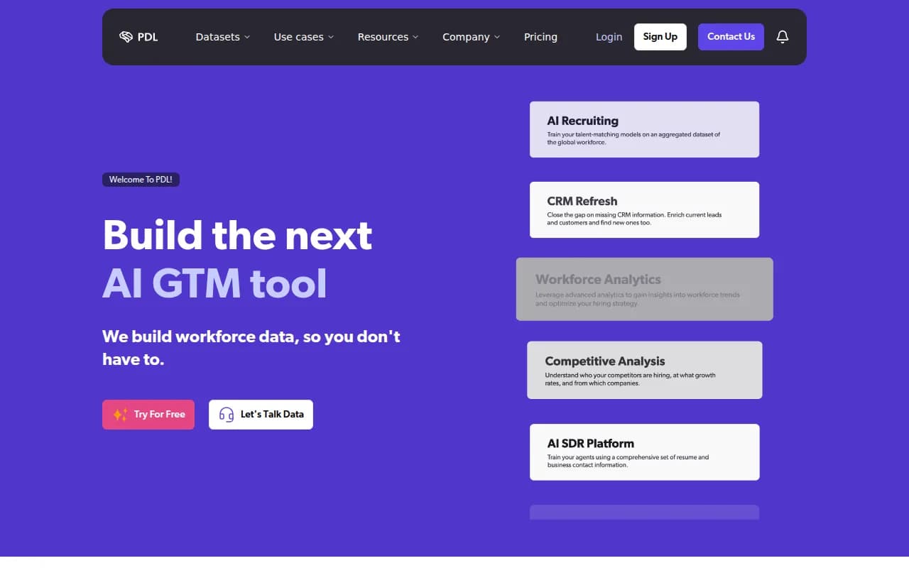 People Data Labs homepage: workforce data to build the next AI GTM tool