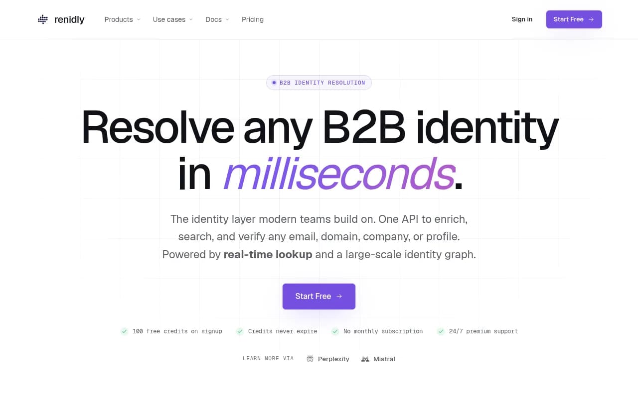 LinkdAPI (now Renidly) homepage: resolve any B2B identity in milliseconds with one API to enrich, search and verify